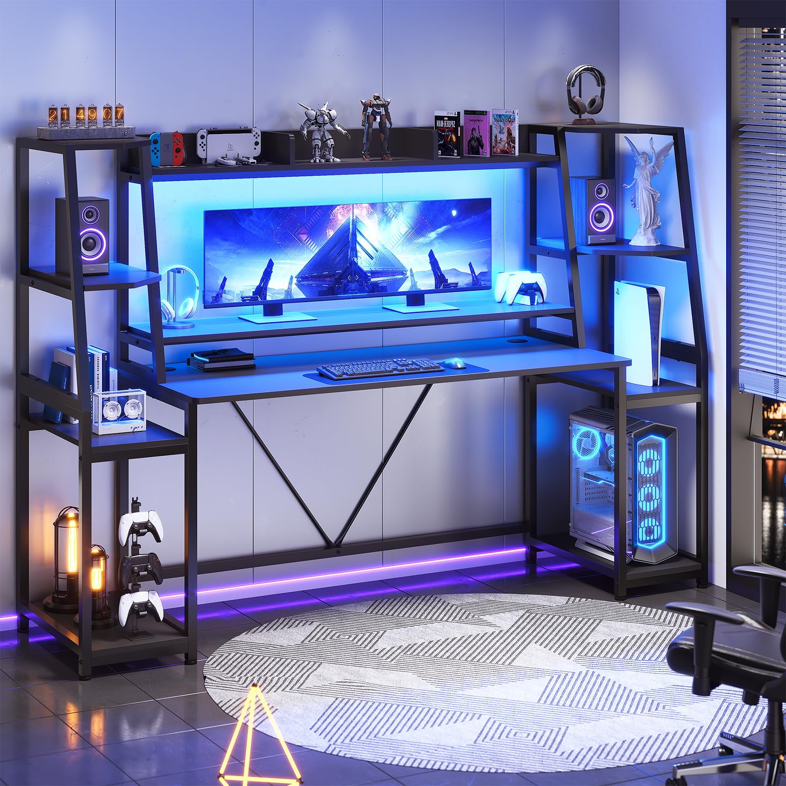 78.8 Inches Gaming Desk with LED Lights, Computer Desk with Hutch and Storage Shelves, Ergonomic