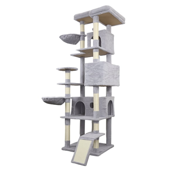 78.8 in Light Gray Cat Tree Tower with Wide Base, Large Condo, 12 Sisal Scratching Post, Big Hammock, Large Top Platform, Many landing Perch and Interactive toy