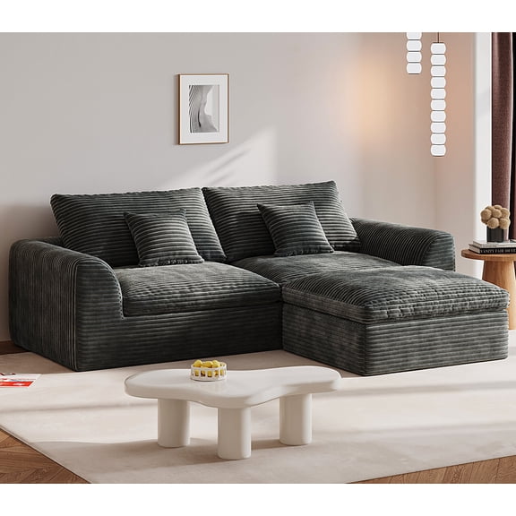 YVDNHP 91" L Shaped Couc, Modular Sectional Sofa, Boneless 2 Seater Deep Seat Sofa with Ottoman, Comfy Plush Flannel Fabric, for Living Room, Apartment, Office, No Assembly Required, Gray