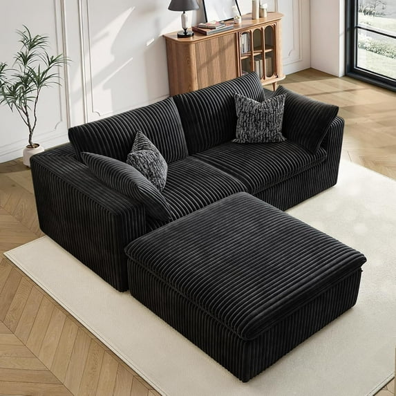 YVDNHP 90" L Shaped Couc, Modular Sectional Sofa, Boneless 2 Seater Deep Seat Sofa with Ottoman, Comfy Plush Flannel Fabric, for Living Room, Apartment, Office, No Assembly Required, Black