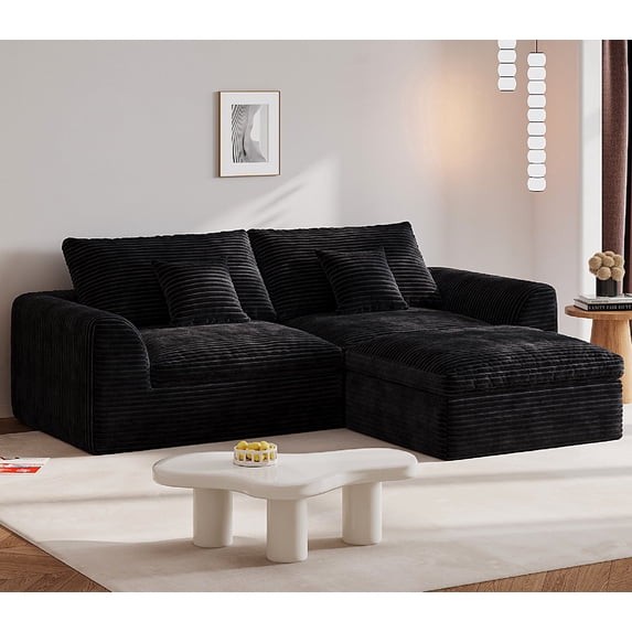 YVDNHP L Shaped Couch Boneless Modular Sectional Sofa, Comfy Flannel Fabric 2-Seater Deep Seat Cloud Sofa with Footrest, for Living Room, Apartment, Office, No Assembly Required, Black