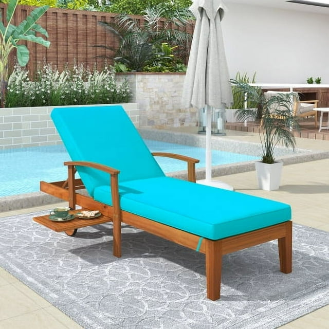 78.8" Patio Chairs,Solid Wood Recliner Chair with Sliding Cup Table and 4 Positions Adjustable Back,Day Bed with Water Resistant Cushion and Wheels,Chaise Lounge Chairs for Backyard,Garden,Poolside