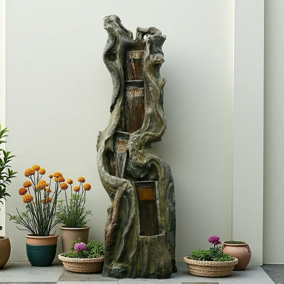 78.8" Tall Outdoor Garden Water Fountain with LED Lights, Tree Trunk Cascading Waterfall Feature, Resin Yard Decoration with Pump, Natural Look, 66.2 lbs