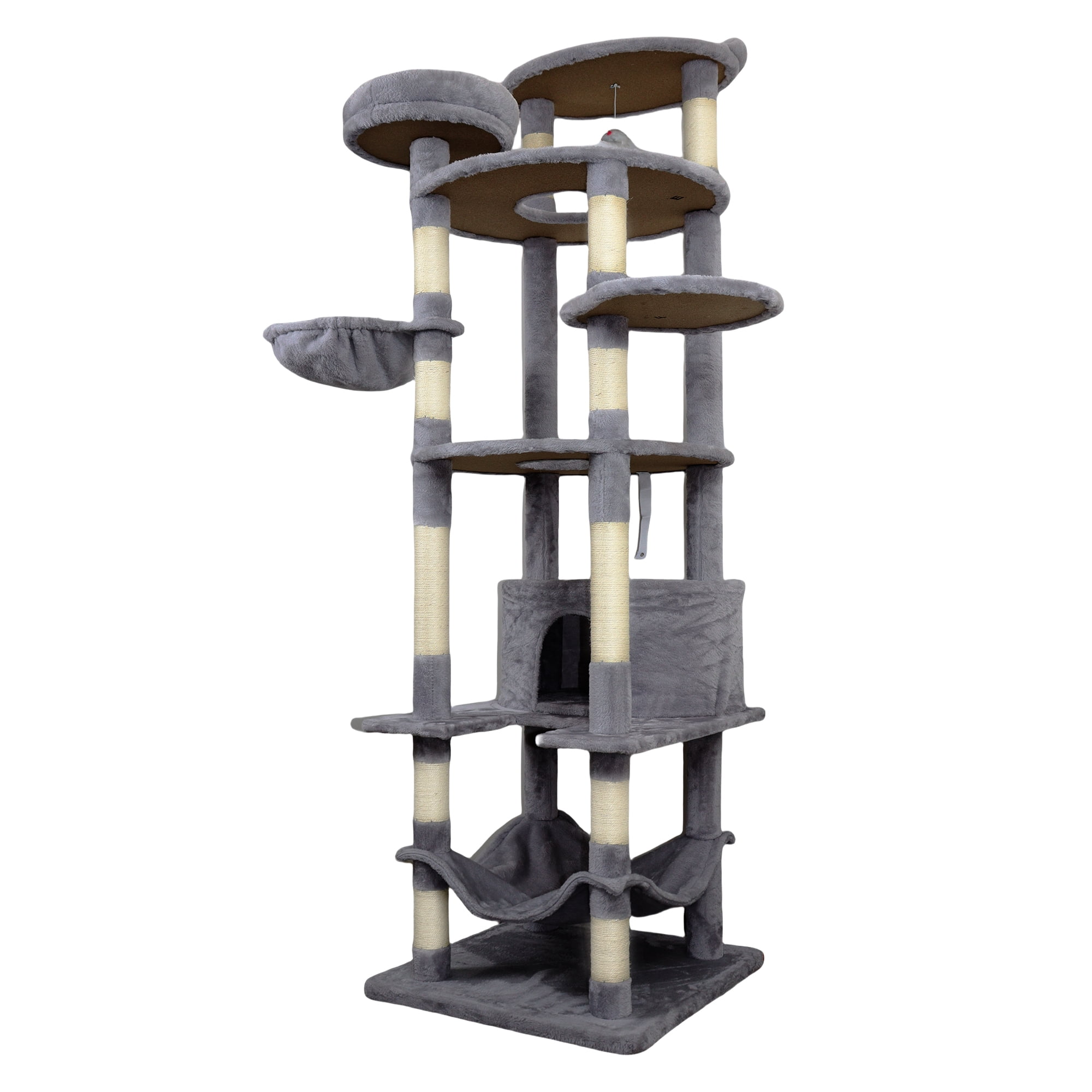 78.8in Dark Gray Cat Tree Tower with Wide Base, Large Condo, 12 Sisal Scratching Post, Big Hammock, Large Top Platform, Many Landing Perch and Interactive Toy