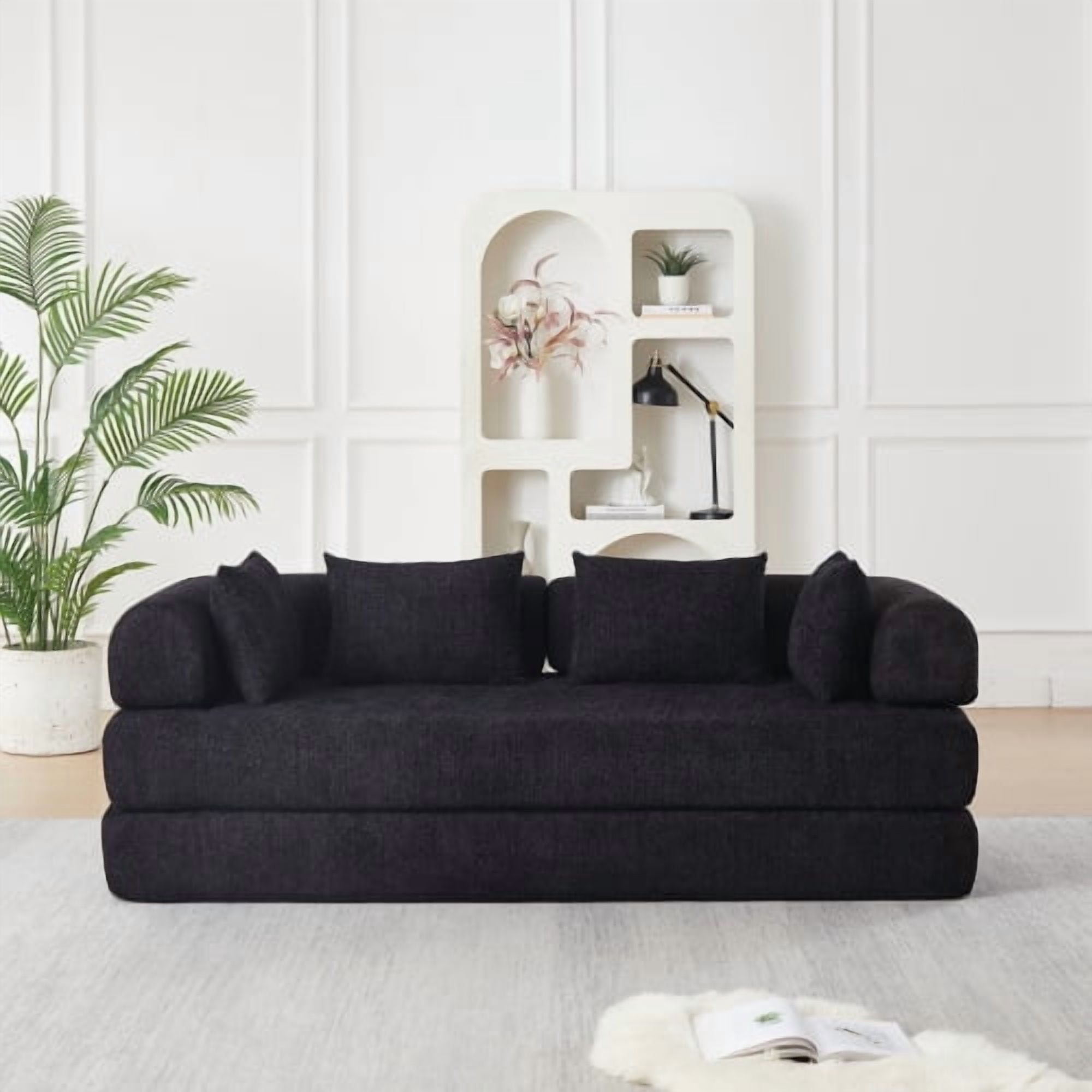 78.9-Inch Convertible Sleeper Sofa, Stain-Resistant Chenille Folding Mattress, DIY Modular Floor Lounge with Removable Armrests, Black