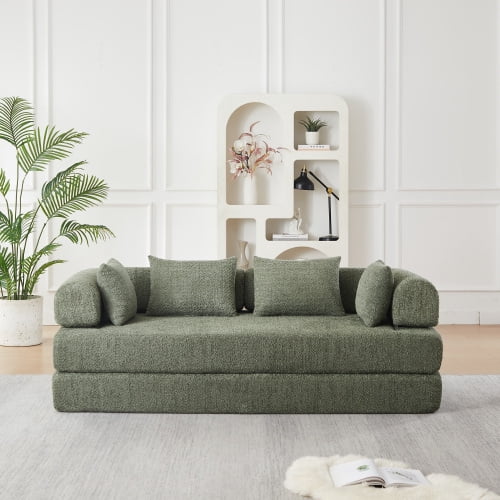 78.9-Inch Convertible Sleeper Sofa, Stain-Resistant Chenille Folding Mattress, DIY Modular Floor Lounge with Removable Armrests, Green