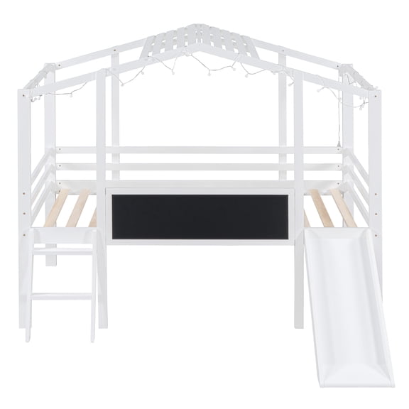 78.9"x72.7"x70.7‘,Equipped with Built-in Slide,With Blackboard,Easy To Assemble,Twin Size Loft Bed with Ladder and Slide, House Bed with Blackboard and Light Strip on The Roof, White ,Gray