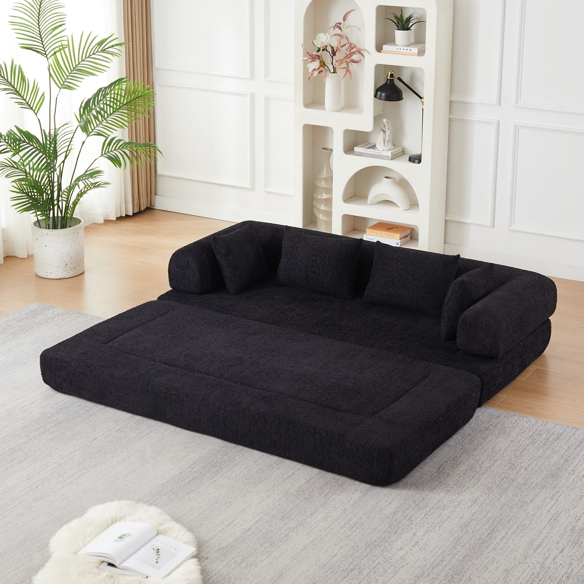 78.9inch Convertible Sleeper Sofa,Chenille Folding Mattress Sofa with DIY Removable Armrests,Floor Standing Lounge Sofa for Living Room Bedroom Small Space,Black