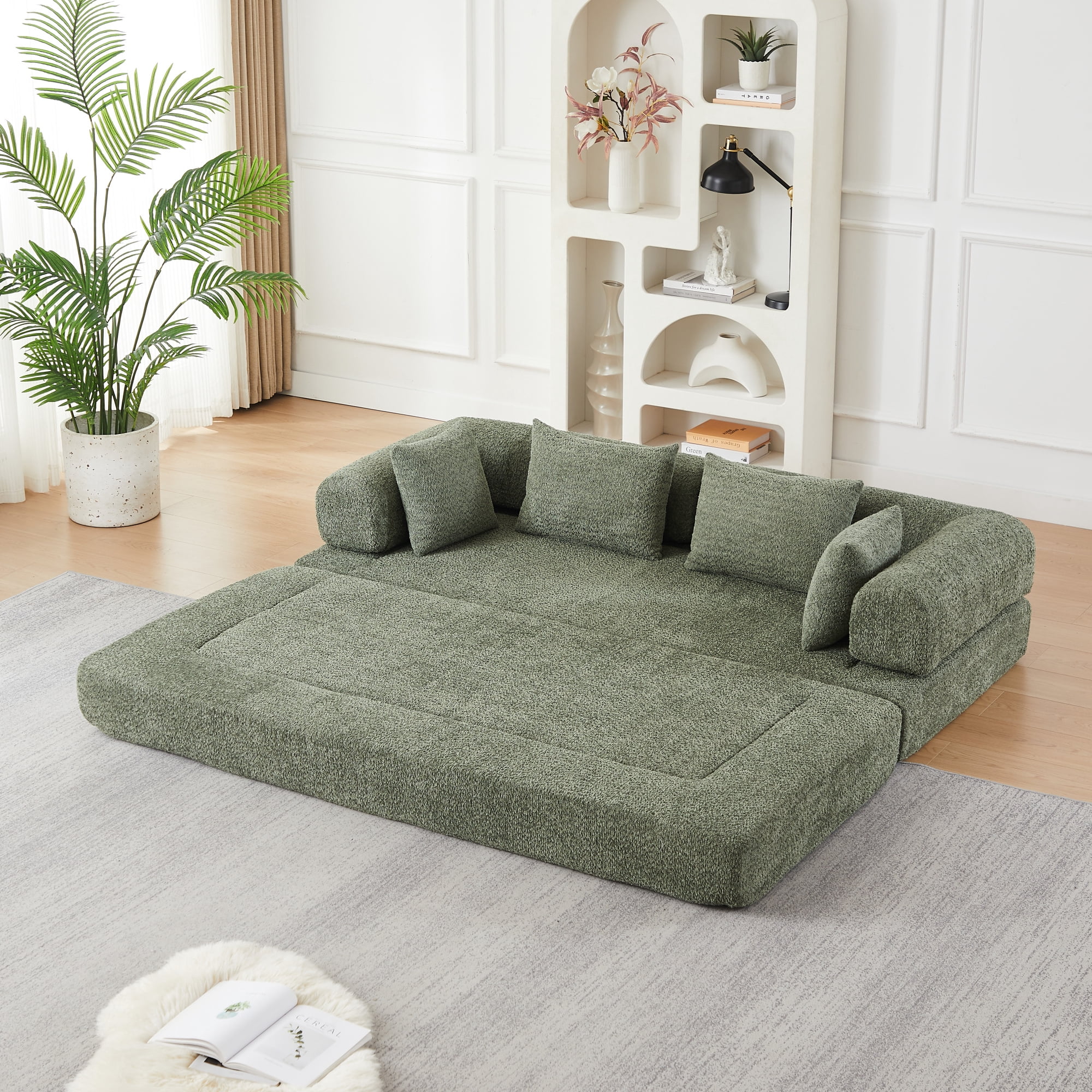 78.9inch Convertible Sleeper Sofa,Chenille Folding Mattress Sofa with DIY Removable Armrests,Floor Standing Lounge Sofa for Living Room Bedroom Small Space,Green