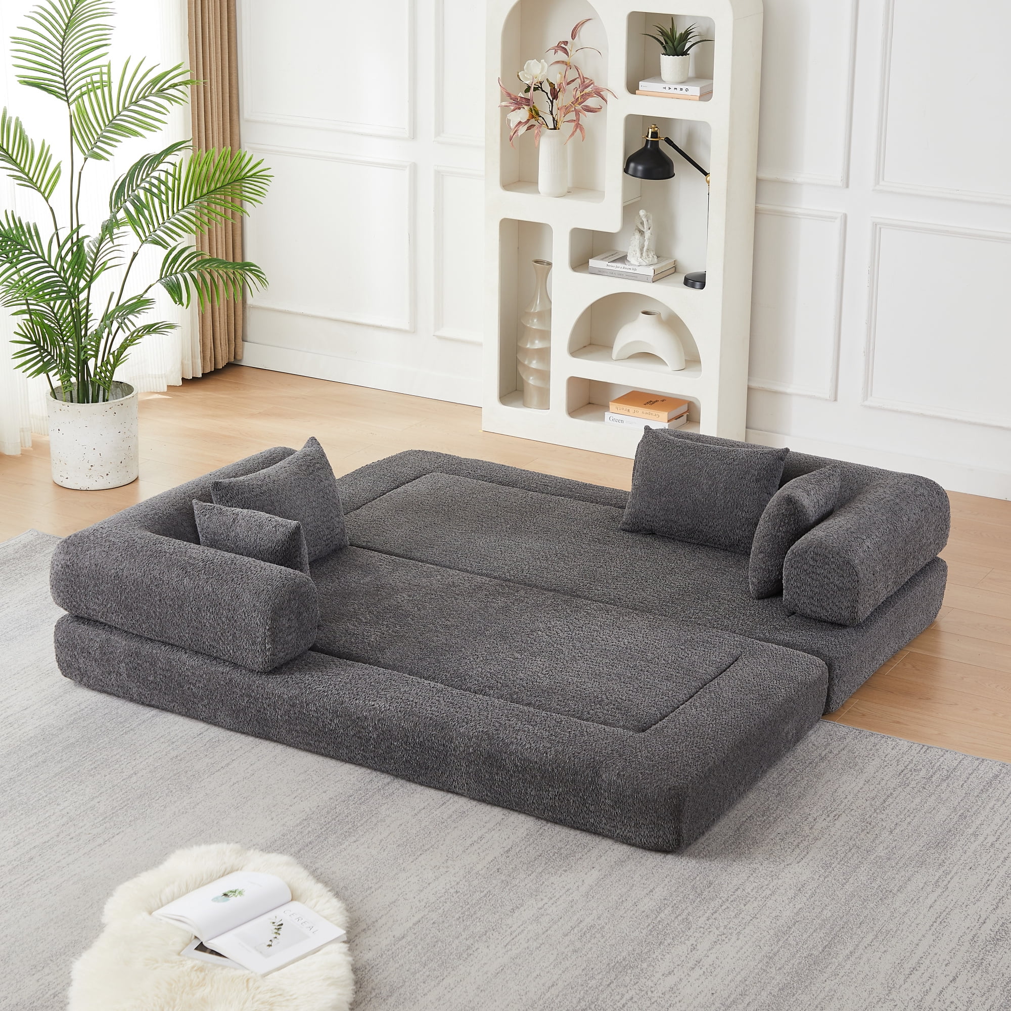78.9inch Convertible Sleeper Sofa,Chenille Folding Mattress Sofa with DIY Removable Armrests,Floor Standing Lounge Sofa for Living Room Bedroom Small Space,Grey