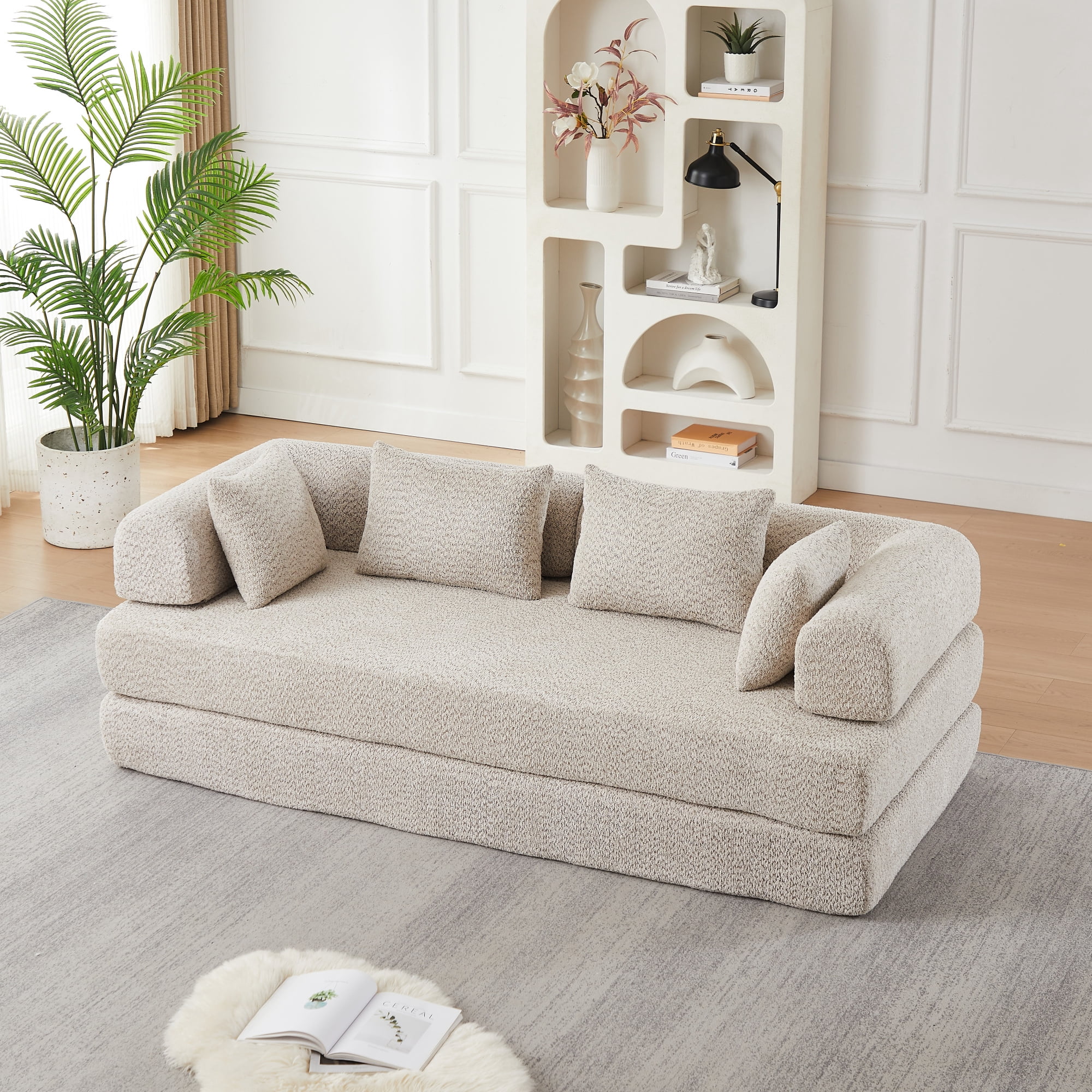 78.9inch Convertible Sleeper Sofa,Chenille Folding Mattress Sofa with DIY Removable Armrests,Floor Standing Lounge Sofa for Living Room Bedroom Small Space,khaki