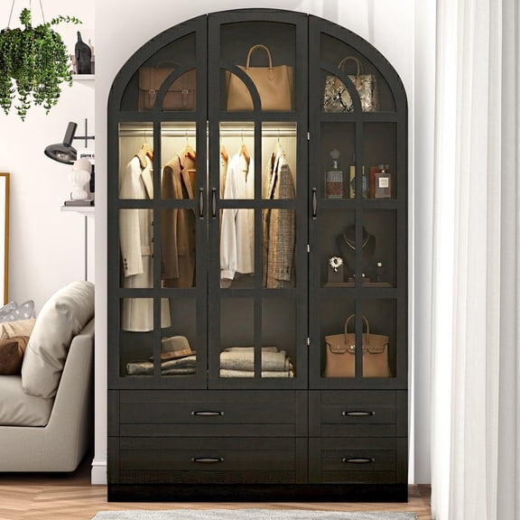 78" Arched Armoire Wardrobe Closet with Glass Doors & LED Sensor Light, Modern 3-Door Clothes Cabinet Organizer with 4 Drawers and Shelves for Bedroom