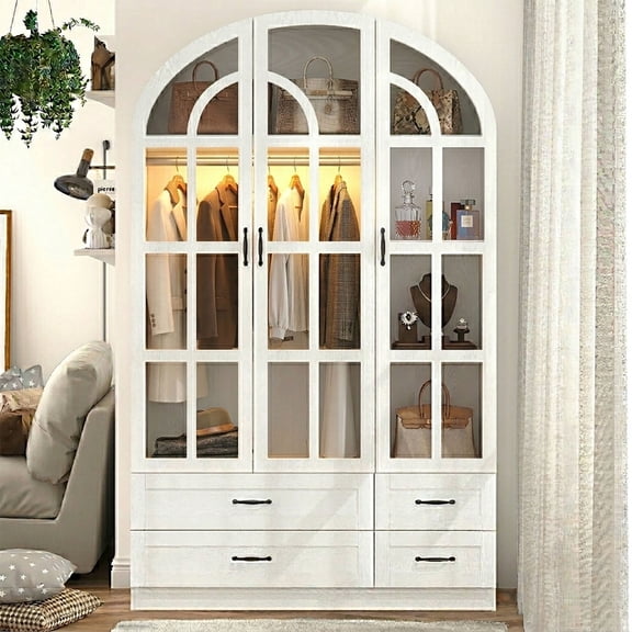 78" Arched Armoire Wardrobe Closet with Glass Doors & LED Sensor Light, Modern 3-Door Clothes Cabinet Organizer with 4 Drawers and Shelves for Bedroom