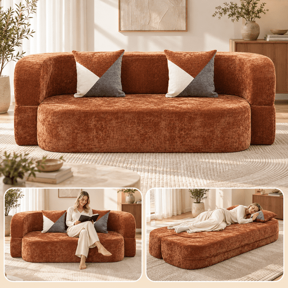 78'' Boneless Couch for Living Room, 78.7" Convertible 3 Seater Couch, 33D High Density Foam Couch Bed, Modern Futon Sofa Bed with Pillows, Comfy Apartment Couch, Red Brown