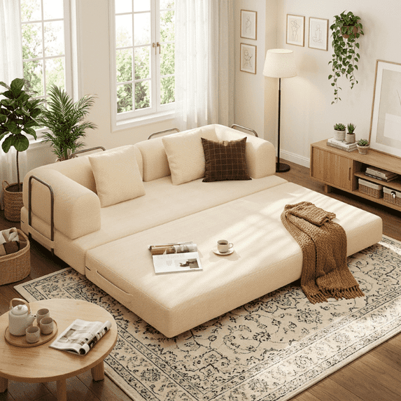 78" Boneless Couch, Noelse 5-in-1 Convertible Sofa Bed with Fixed-Shape Frame, Removable Armrests, Boneless Sofa, No Assembly Required, Corduroy, Living Room,Cream