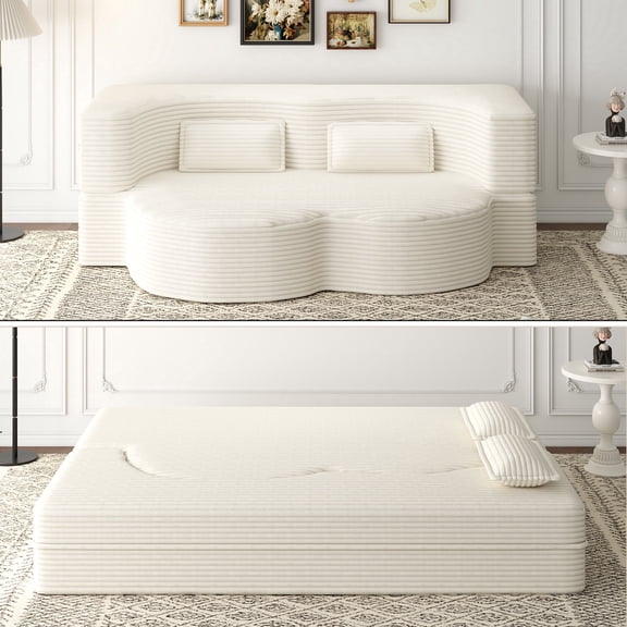 78" CAPCAEK Full Size Corduroy Convertible Folding Sofa Bed, 78" Upholstery Floor Foldable Loveseat Couch for Living Room, No Assembly Required, Beige