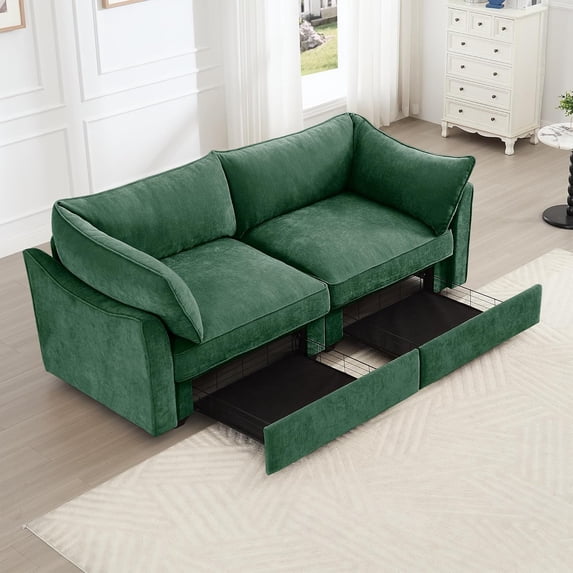 78'' Chenille Deep Seat Loveseat Couch Oversized Modular Sofa with Storage Pull Out Drawers for Living Room,Green