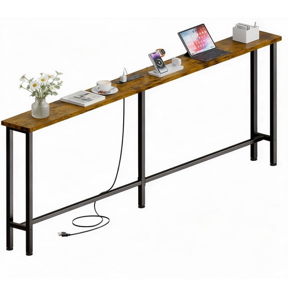 Keelian 78" Narrow Behind Couch Table with Built‑in Power Strip, Long Sofa Table with Charging Station, Metal Frame, Long Couch Table Behind Sofa, Living Room and Home Office, Rustic Brown