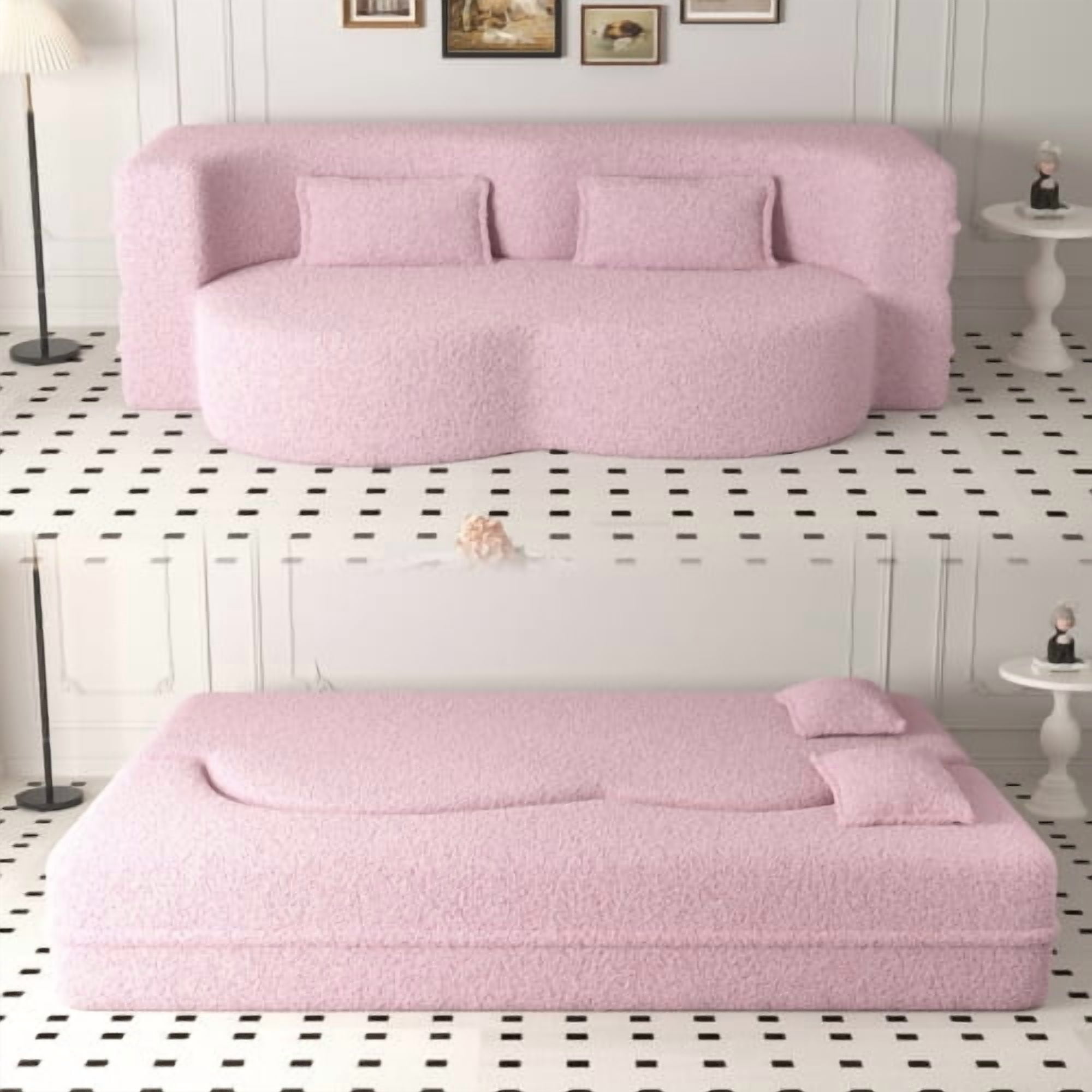 78" Convertible Floor Sofa with 2 Pillows, Sherpa Fleece Foam-Filled Sleeper Bed, Pink