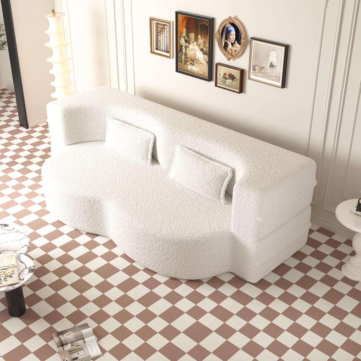 78" Convertible Folding Sofa Bed, Queen Sleeper Sofa with Pillow, Modern Teddy Fabric Floor & Futon Loveseat Couch, Foam Folding Mattress Sleeper for Living Room, Guest Use, Office, Apartment, Beige