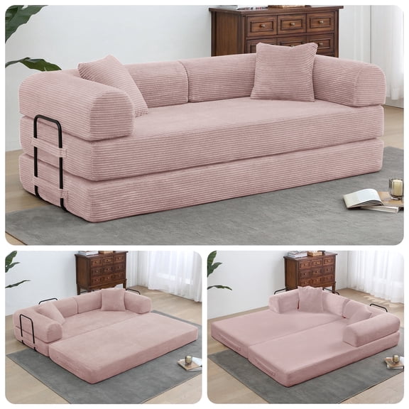 78" Boneless Convertible Sleeper Sofa Bed, Holaki Corduroy Compression Folding Sofa with Pillow & 3 Seat, Fixed-Shape Frame, Floor Sofas Lounge Couch for Living Room Bedroom Apartment, Pink