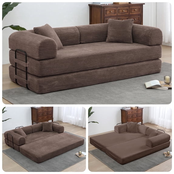 78" Boneless Convertible Sleeper Sofa Bed, Holaki Corduroy Compression Folding Sofa with Pillow & 3 Seat, Fixed-Shape Frame, Floor Sofas Lounge Couch for Living Room Bedroom Apartment, Brown