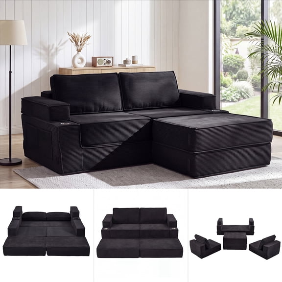 Holaki 5 in 1 Modular Sectional Sofa with Movable Ottoman, L-Shaped Convertible Boneless Couch for Living Room, Corduroy Deep Seat Sofa, Black