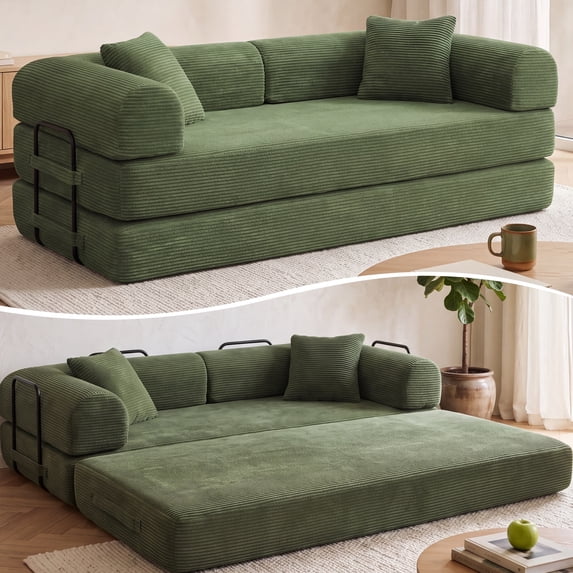 78" Boneless Convertible Sleeper Sofa Bed, Holaki Corduroy Compression Folding Sofa with Pillow & 3 Seat, Fixed-Shape Frame, Floor Sofas Lounge Couch for Living Room Bedroom Apartment, Olive Green