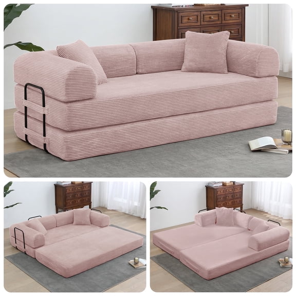 78" Convertible Sleeper Sofa Bed, Holaki Compression Folding Sofa with Pillow & 3 Seat, Corduroy Folding Sofa Couch with Fixed-Shape Frame, Floor Sofas Lounge Couch for Living Room Bedroom, Pink