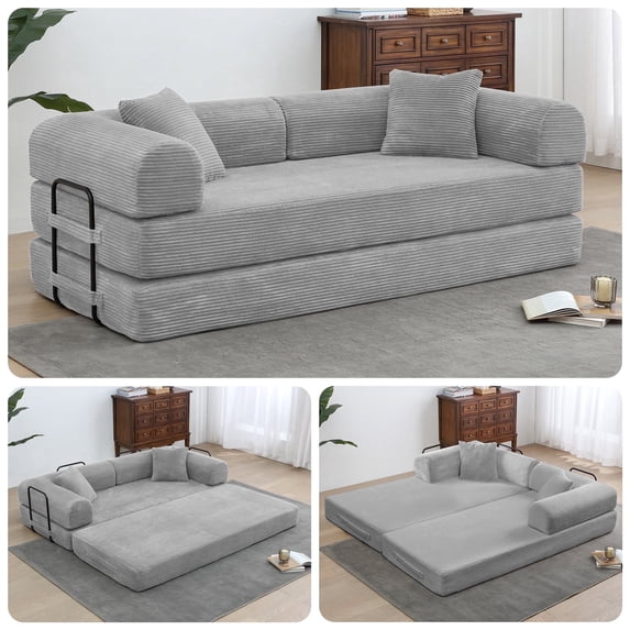 78" Boneless Convertible Sleeper Sofa Bed, Holaki Corduroy Compression Folding Sofa with Pillow & 3 Seat, Fixed-Shape Frame, Floor Sofas Lounge Couch for Living Room Bedroom Apartment, Light Gray