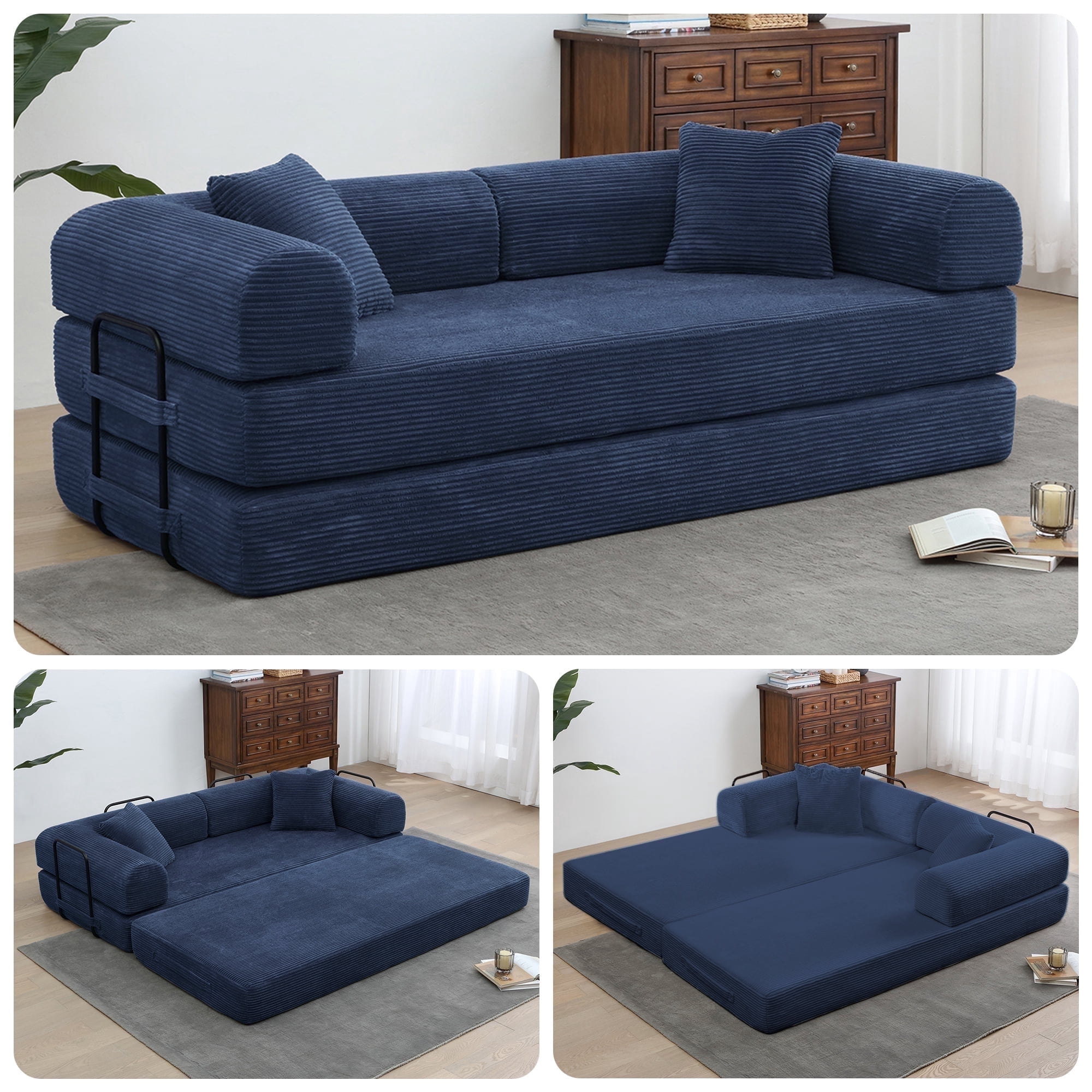 78" Convertible Sleeper Sofa Bed, Holaki Compression Folding Sofa with Pillow & 3 Seat, Corduroy Folding Sofa Couch with Fixed-Shape Frame, Floor Sofas Lounge Couch for Living Room Bedroom, Blue
