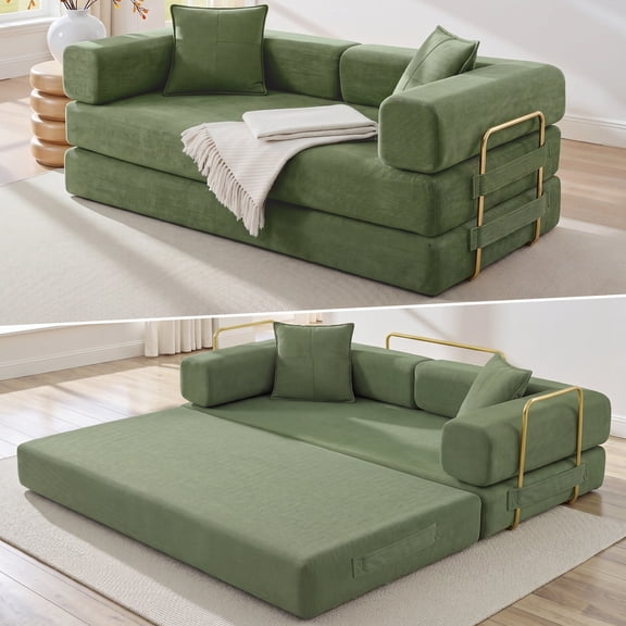 Vanress 79" Convertible Sofa Bed, Folding Sleeper Sofa Couch Bed with Fixed-Shape Frame, Fold Out Sleeper Loveseat, Corduroy Boneless Futon Bed, No Assembly Required for Living Room & Bedroom, Green