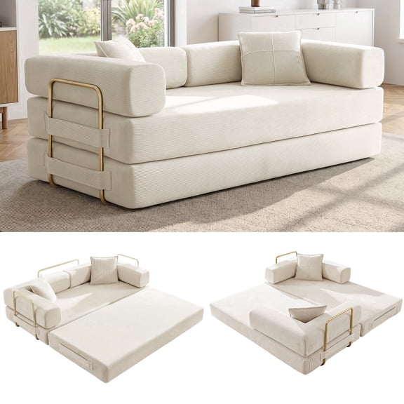 Vanress 78" Convertible Sofa Bed, Folding Sleeper Sofa Couch Bed with Fixed-Shape Frame, Pull-Out Sleeper Loveseat, Corduroy Boneless Futon Bed, No Assembly Required for Living Room & Bedroom, White