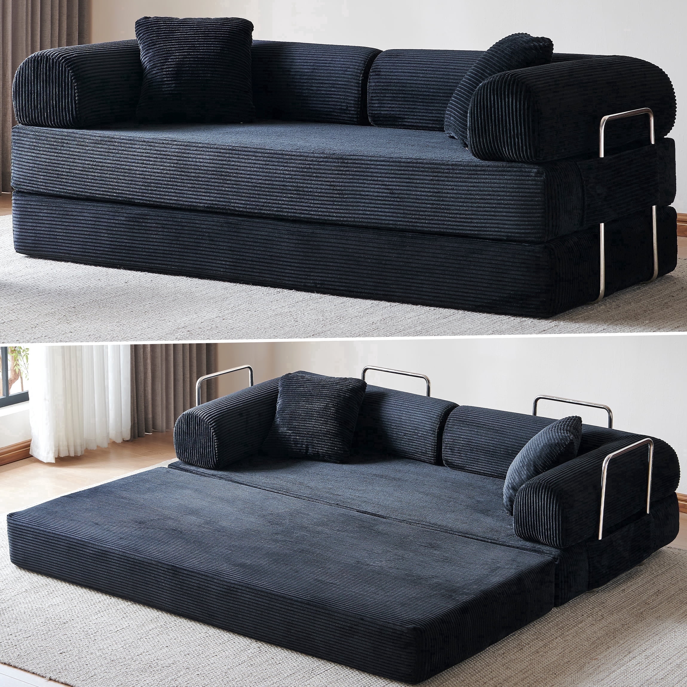 Vanress 78" Convertible Sofa Bed, Folding Sleeper Sofa Couch Bed with Fixed-Shape Frame, Pull-Out Sleeper Loveseat, Corduroy Boneless Futon Bed, No Assembly Required for Living Room & Bedroom, Black