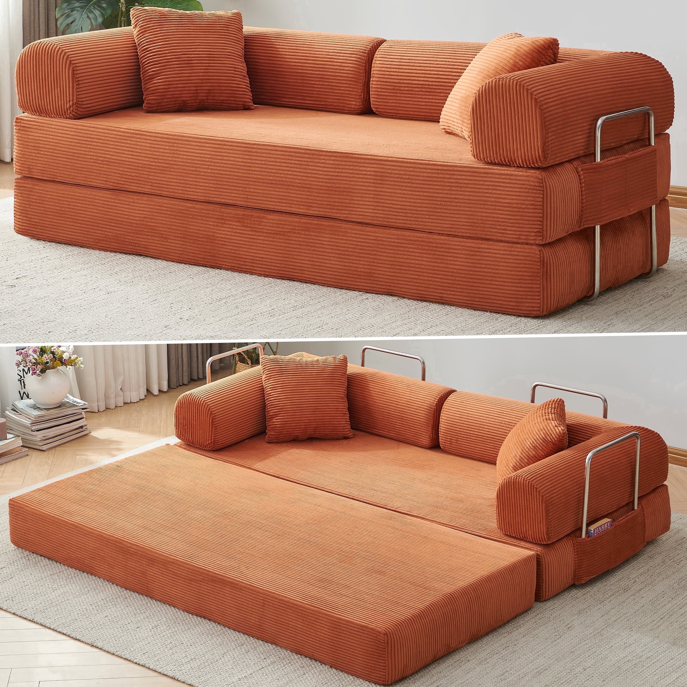 Vanress 78" Convertible Sofa Bed, Folding Sleeper Sofa Couch Bed with Fixed-Shape Frame, Pull-Out Sleeper Loveseat, Corduroy Boneless Futon Bed, No Assembly Required for Living Room & Bedroom, Orang