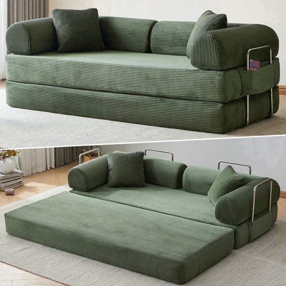 78" Convertible Sofa Bed, Folding Sleeper Sofa Couch Bed with Fixed-Shape Frame, Fold Out Sleeper Loveseat, Corduroy Boneless Futon Bed, No Assembly Required for Living Room & Bedroom, Green