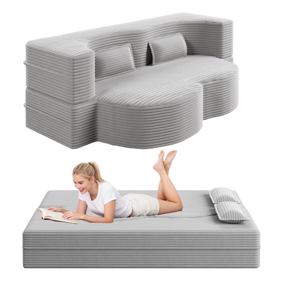 78" Convertible Sofa Bed, No Assembly Required Modern Floor Sofa with 2 Pillows Full Size Folding Loveseat Sleeper Sofa for Living Room, Bedroom, Apartment, Light Grey - Plush Corduroy