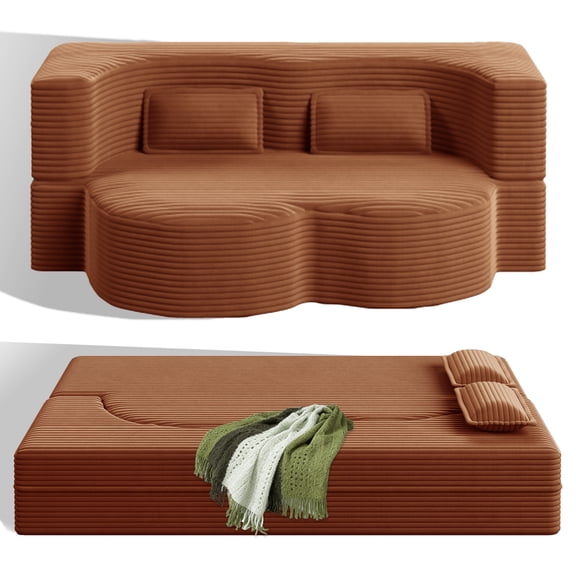 78" Convertible Sofa Bed, No Assembly Required Modern Floor Sofa with 2 Pillows Full Size Folding Loveseat Sleeper Sofa for Living Room, Bedroom, Apartment, Orange - Plush Corduroy