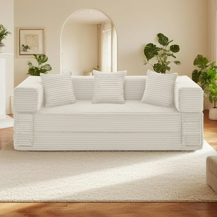 78" Convertible Sofa Bed, Corduroy Deep Seat Folding Pull Out Couch with Pillows, No Assembly Modern Boneless Couch Compression Sofa in Box, Floor Sofa with Storage Pocket for Living Room Beige