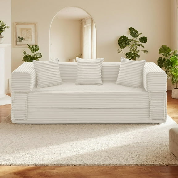 78" Convertible Sofa Bed, Corduroy Deep Seat Folding Pull Out Couch with Pillows, No Assembly Modern Boneless Couch Compression Sofa in Box, Floor Sofa with Storage Pocket for Living Room Beige