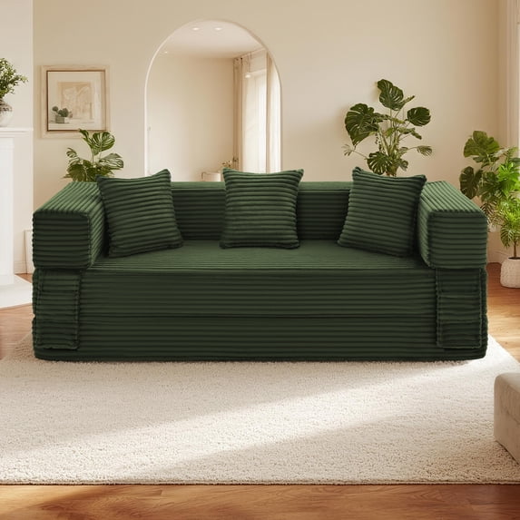 78" Convertible Sofa Bed, Corduroy Deep Seat Folding Pull Out Couch with Pillows, No Assembly Modern Boneless Couch Compression Sofa in Box, Floor Sofa with Storage Pocket for Living Room