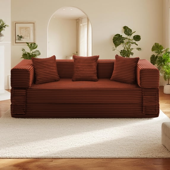 78" Convertible Sofa Bed, Corduroy Deep Seat Folding Pull Out Couch with Pillows, No Assembly Modern Boneless Couch Compression Sofa in Box, Floor Sofa with Storage Pocket for Living Room