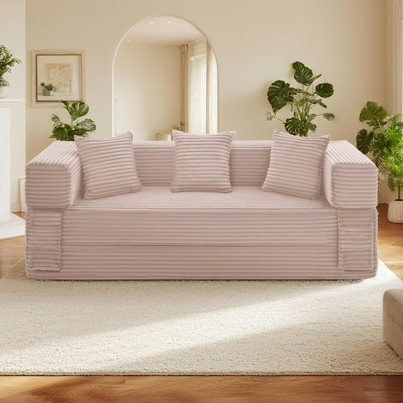 78" Convertible Sofa Bed, Corduroy Deep Seat Folding Pull Out Couch with Pillows, No Assembly Modern Boneless Couch Compression Sofa in Box, Floor Sofa with Storage Pocket for Living Room