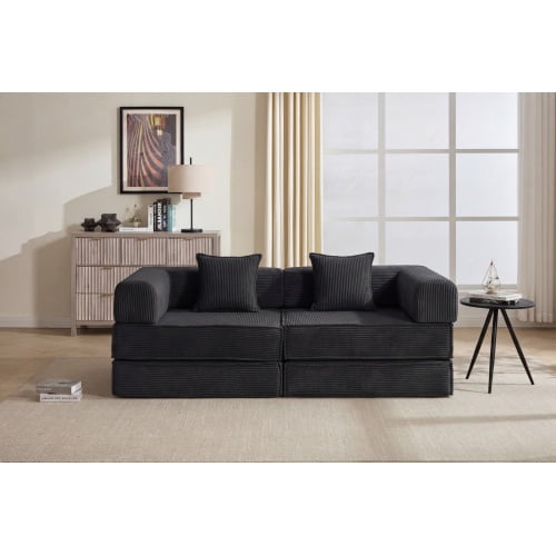 78" Convertible Sofa Bed  Modular Corduroy Couch with 2 Pillows, 2-in-1 Sofa & Sleeper Bed, Space-Saving Compressed Floor Sofa, No Assembly Required, Black, for Living Room, Apartment, Dorm