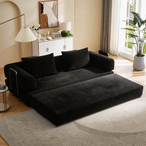 78" Corduroy Convertible Sleeper Sofa Bed, Boneless Futon Couch Floor Lounger Loveseat with Pull Out Mattress, Black