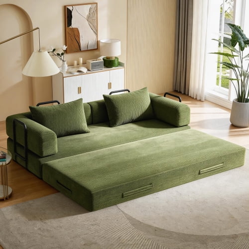 78" Corduroy Convertible Sleeper Sofa Bed, Boneless Futon Couch Floor Lounger Loveseat with Pull Out Mattress, Green