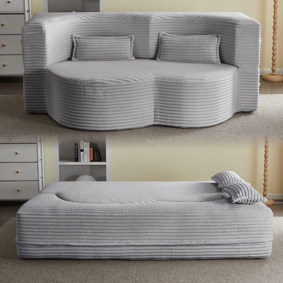 78” Corduroy Floor Sleeper Sofa Bed, Modern 2 in 1 Full Size Foldable Mattress with 2 Pillows, Convertible Boneless Couch with Deep Seat for Living Room, No Assembly Required