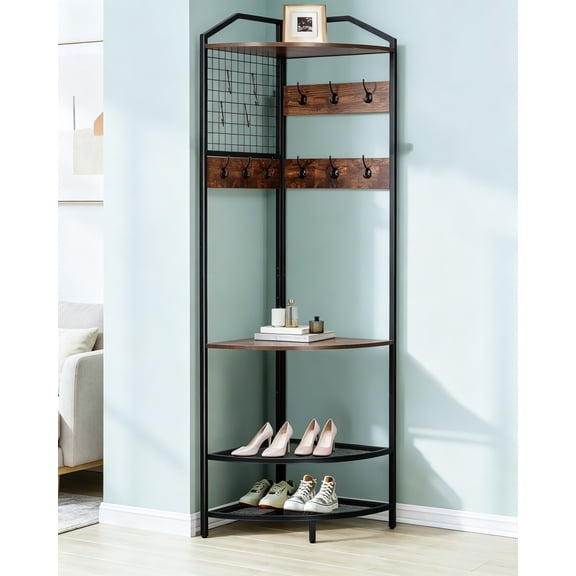 78" Corner Hall Tree with Bench and Shoe Storage, Adjustable Height Floor Standing Clothes Shoes Rack with 14 Metal Hooks for Entryway, Home, Office, Bedroom, Rustic Brown