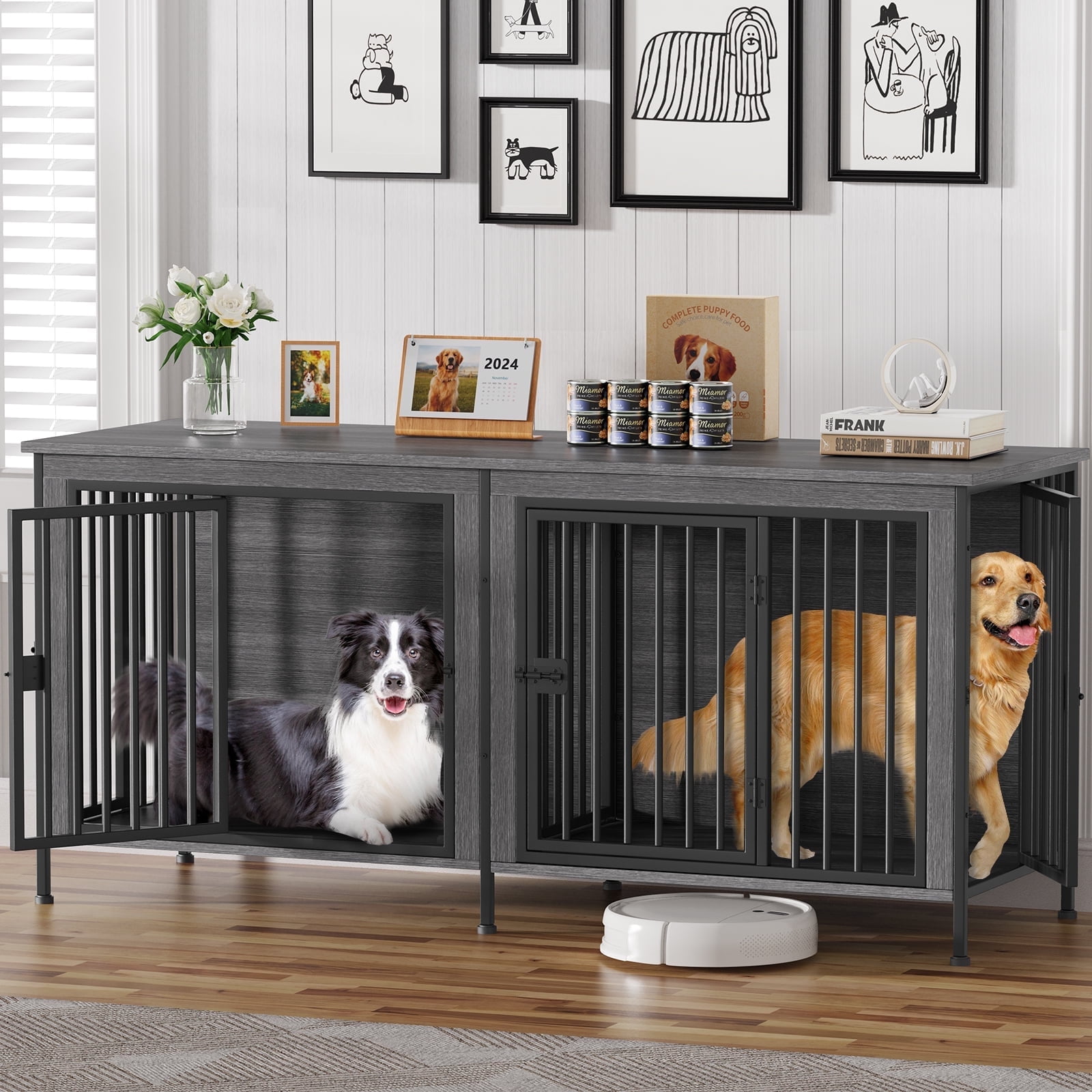 EasyCom 78" Dog Cage Furniture for 2 Dogs,Extra Large Double Dog Crate Furniture Large Breed,Wooden Dog Kennel Furniture TV Stand,Dark Gray