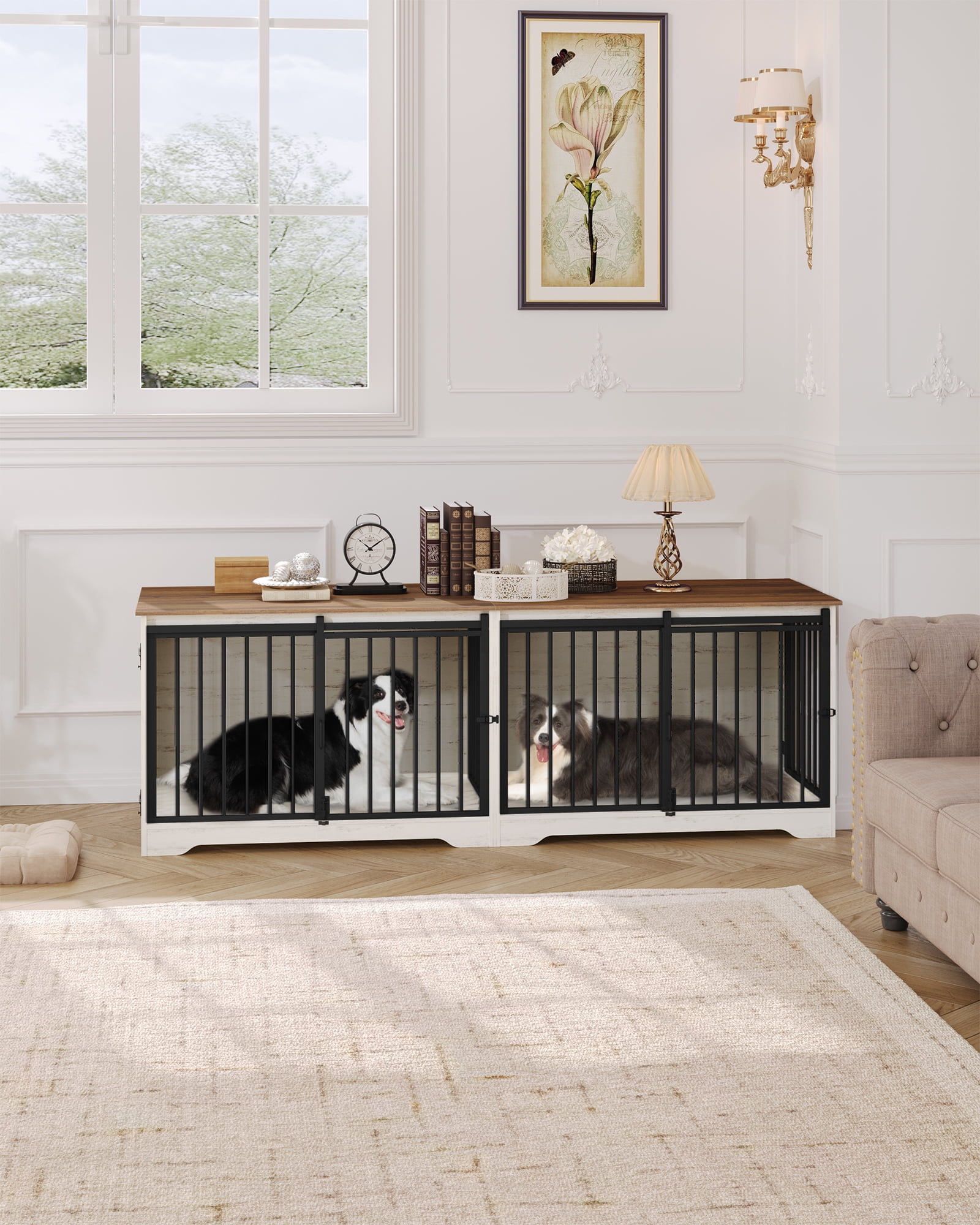 78" Dog Crate Furniture with Divider, Dog Crate Barn Door, Dog Kennel Indoor, Wood Dog Crate